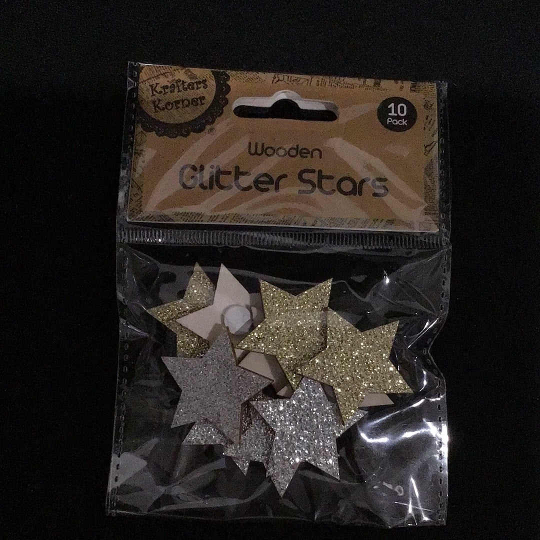 Wooden Glitter Stars - Gold and Silver - 10 pack