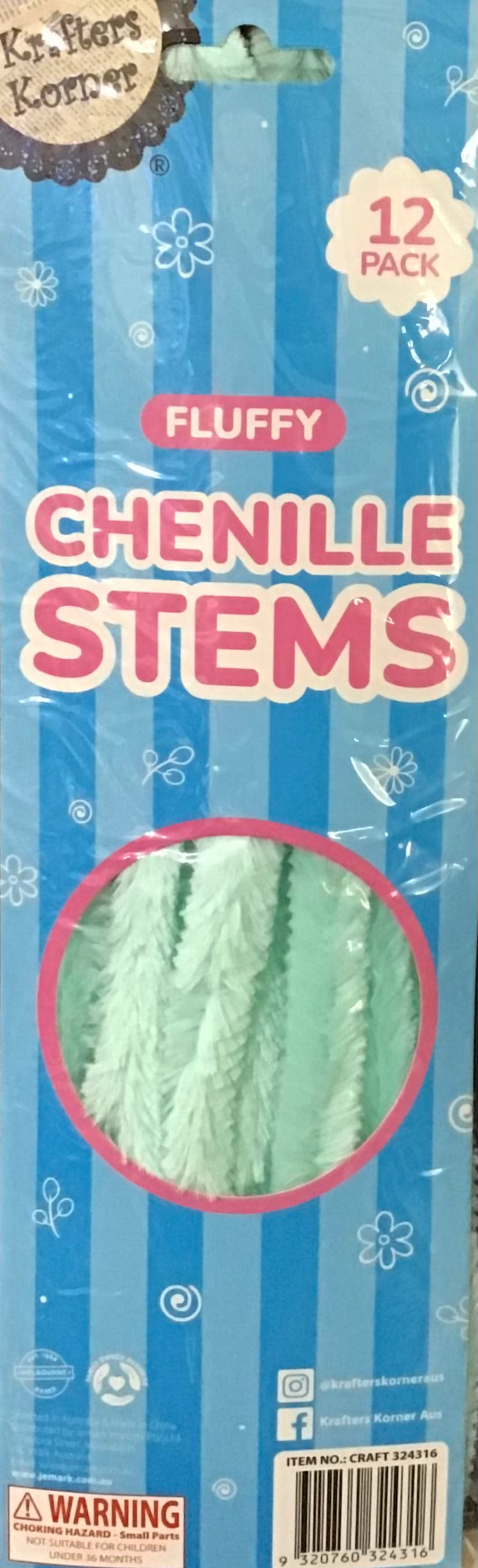 Fluffy Chenille Stems (Pipe Cleaners) - 30cm - Mint - 12 pk