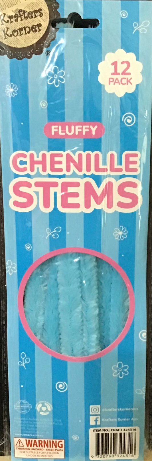 Fluffy Chenille Stems (Pipe Cleaners) - 30cm - Pale Blue - 12 pk