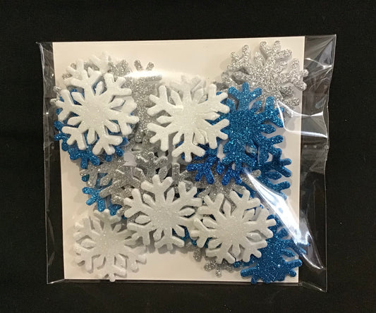Foam Glitter Snowflakes - Self Adhesive - White/Silver/Blue - 25 pc