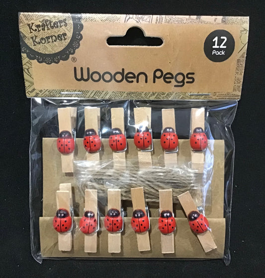 Wooden Pegs with Red Ladybirds - 12 pack