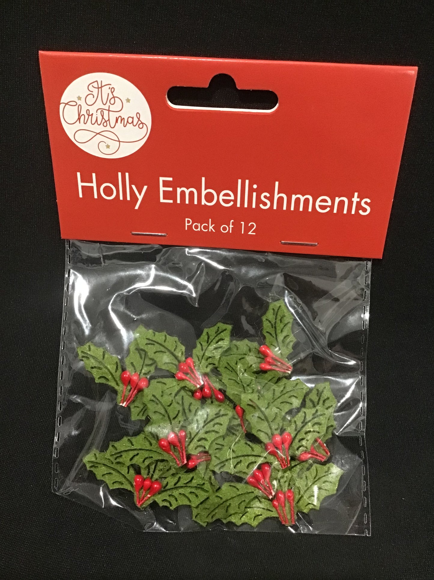 Christmas Holly Embellishments - Pack of 12