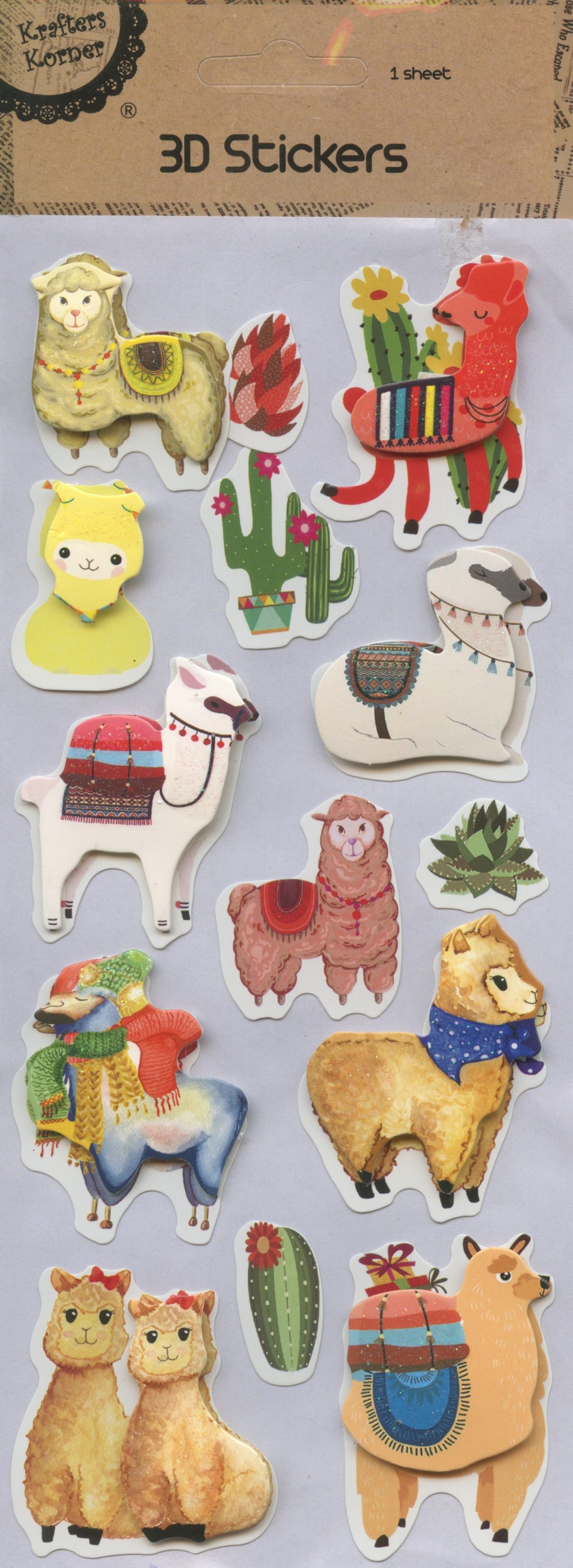 3D Stickers - Llamas With Scarves and Cacti - 13 pc