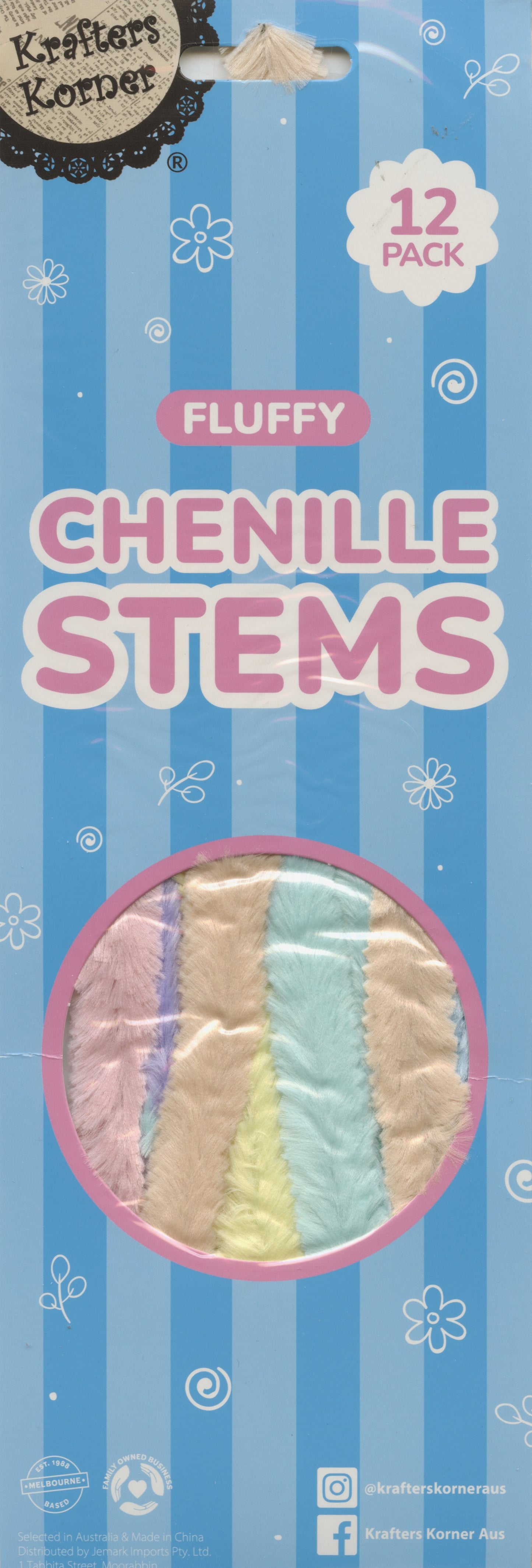 Fluffy Chenille Stems (Pipe Cleaners) - 30cm - 12 Assorted Pastel Colours