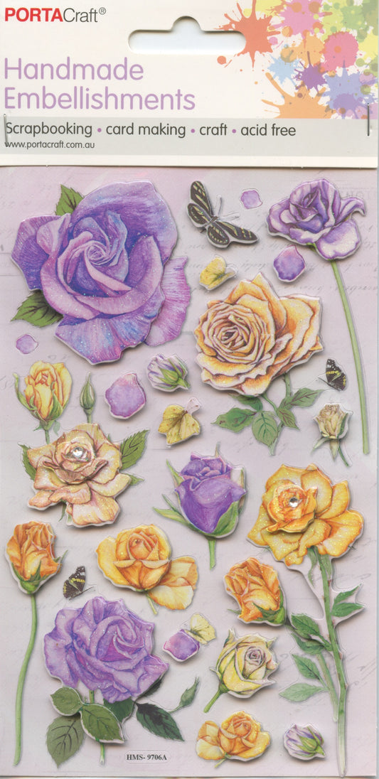 Handmade Embellishments Stickers - Roses - Yellow/Mauve - #9706A - 22pk