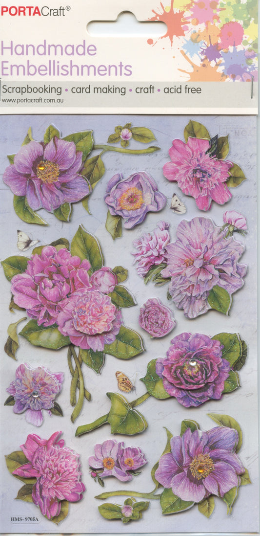 Handmade Embellishments Stickers - Flowers Pink/Mauves - #9705A - 12pk