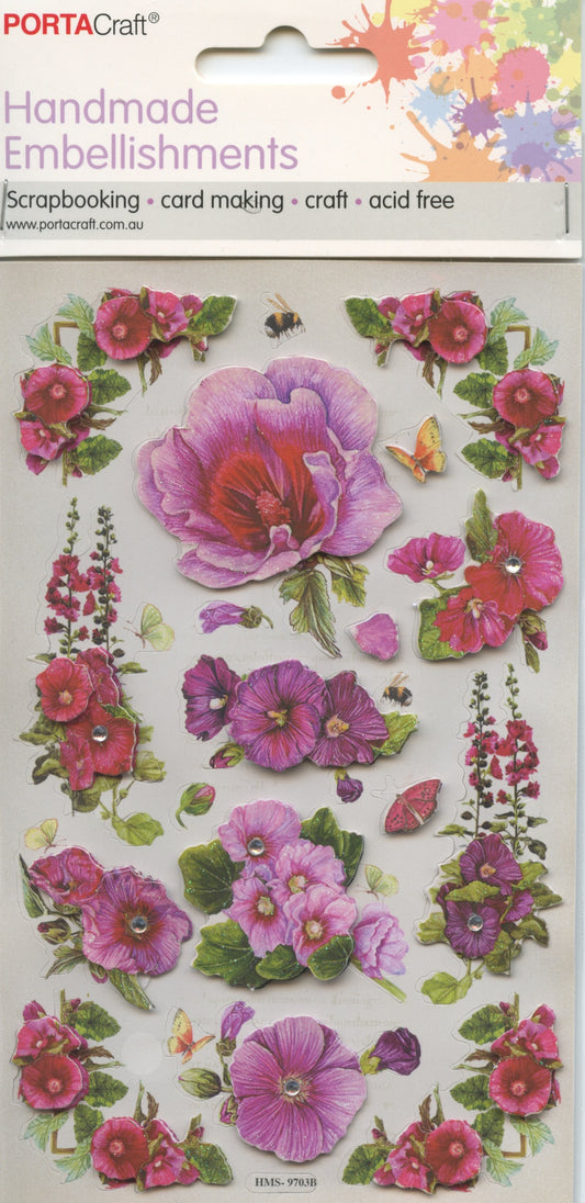 Handmade Embellishments Stickers - Flowers Red/Pink/Purple - #9703B - 18pk
