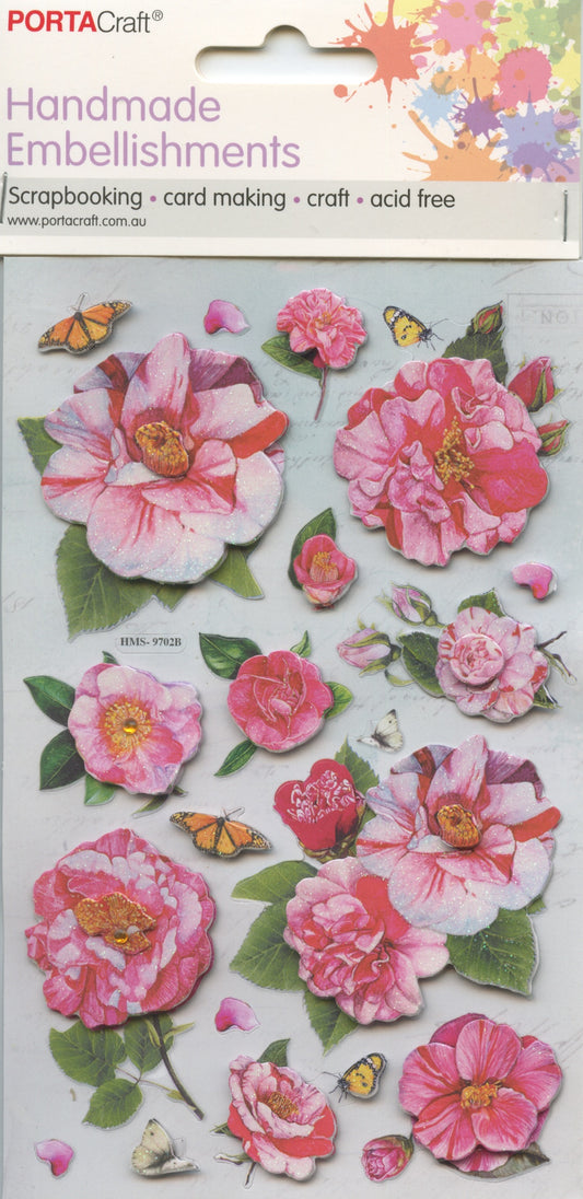 Handmade Embellishments Stickers - Flowers & Butterflies #9702B  - Pinks - 14pk