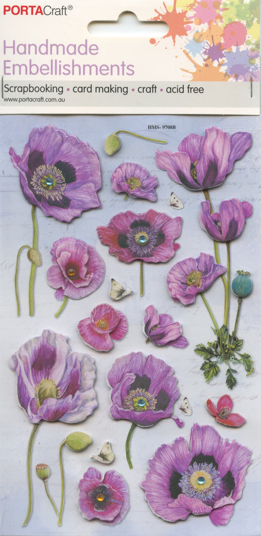 Handmade Embellishments Stickers - Poppy - Mauve/Purples - #9708B - 16pk