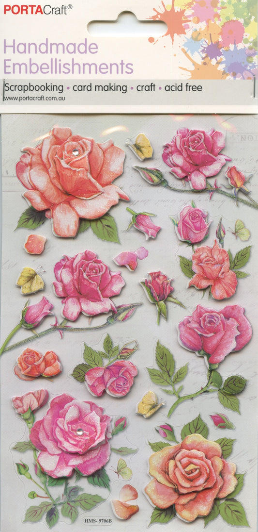 Handmade Embellishments Stickers - Roses - Pink/Apricot - #9706B - 17pk