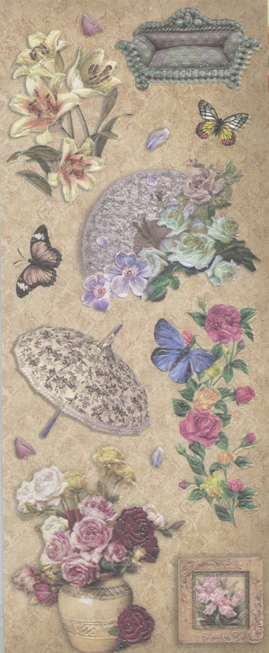 Embossed Stickers - Flowers/Butterflies/Umbrella Theme - 9 pce