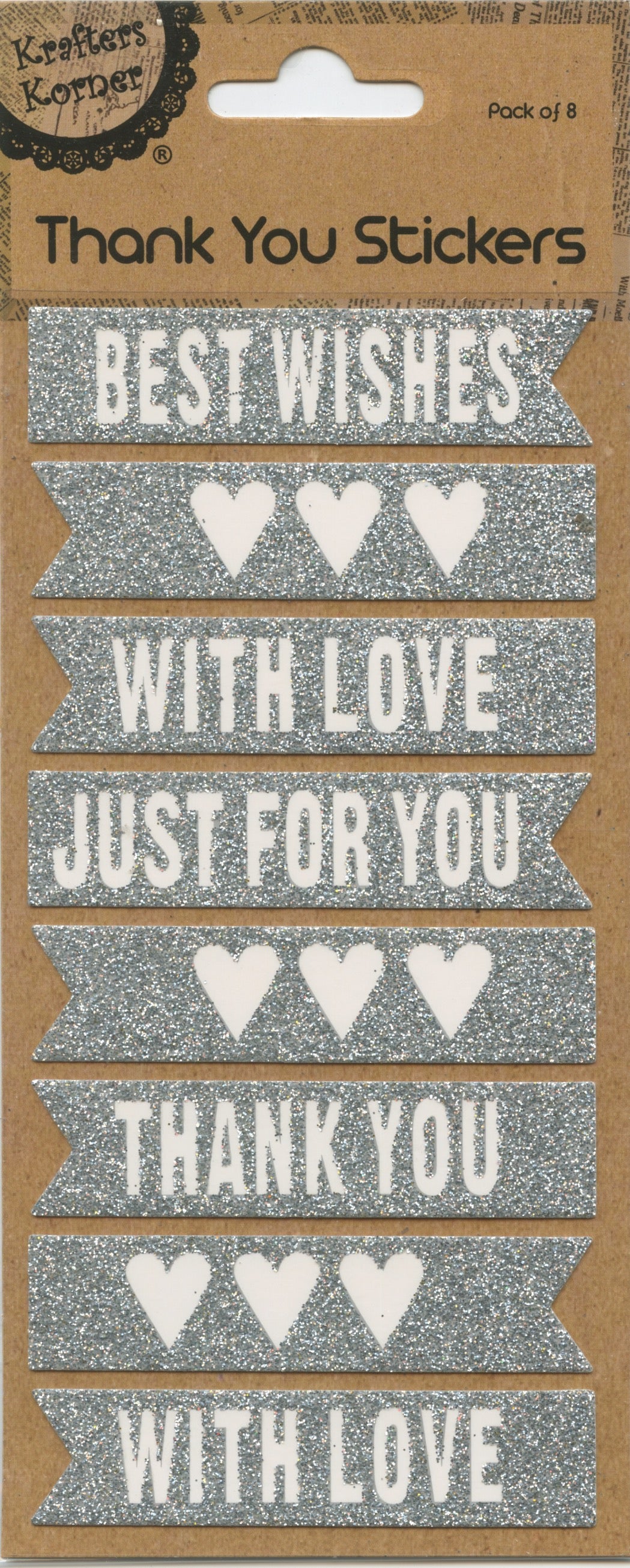 Thank You Stickers - Wording and Hearts - Silver glitter - 8 pack