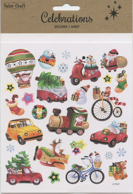 Celebrations Christmas Stickers Transport, Hot Air Balloon, Train, Plane etc. and Snowflakes 27pc