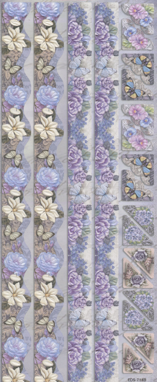 Embossed Stickers - Floral Borders and corners - Blue tones - 20 pce