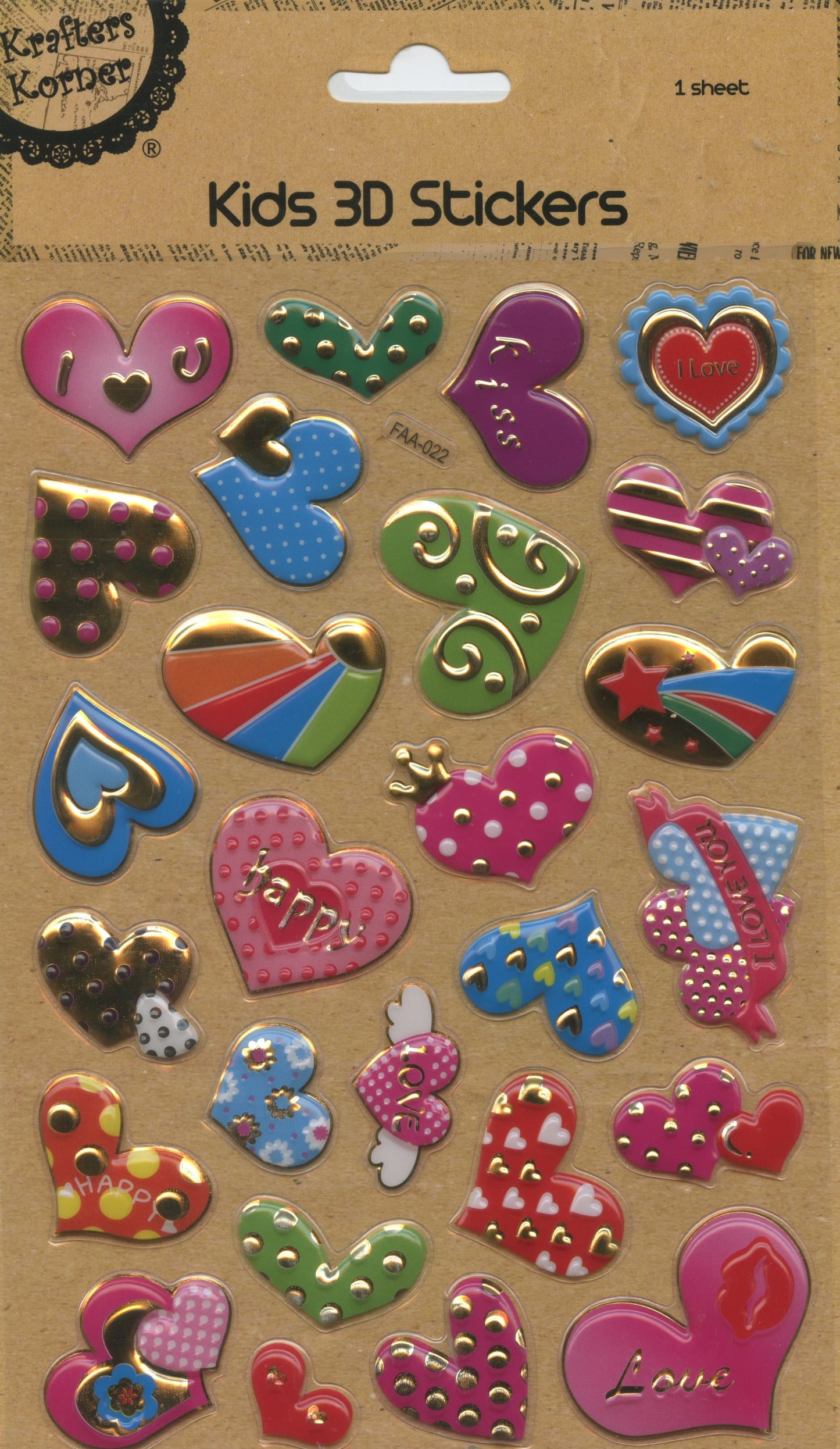 Kids 3D Puffy Stickers - 1 sheet - Hearts Packs #1 - 26 pc