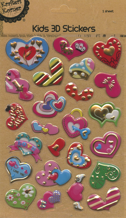 Kids 3D Puffy Stickers - 1 sheet - Hearts Pack #2 - 24 pc