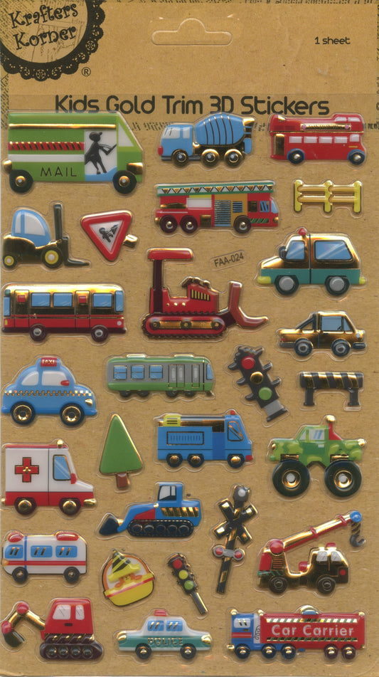 Kids 3D Puffy Stickers - 1 sheet - Transport Vehicles - Pack #1