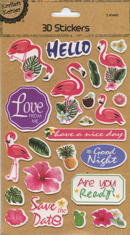 3D Self Adhesive Stickers - Flamingo/Flowers - 1 Sheet - 24 pc