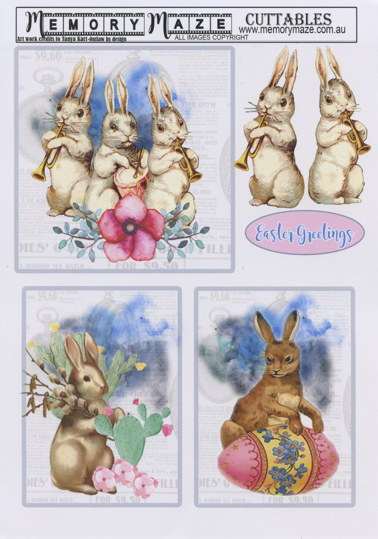 Cuttables Card Toppers - Easter Greeting Rabbits - 1 sheet