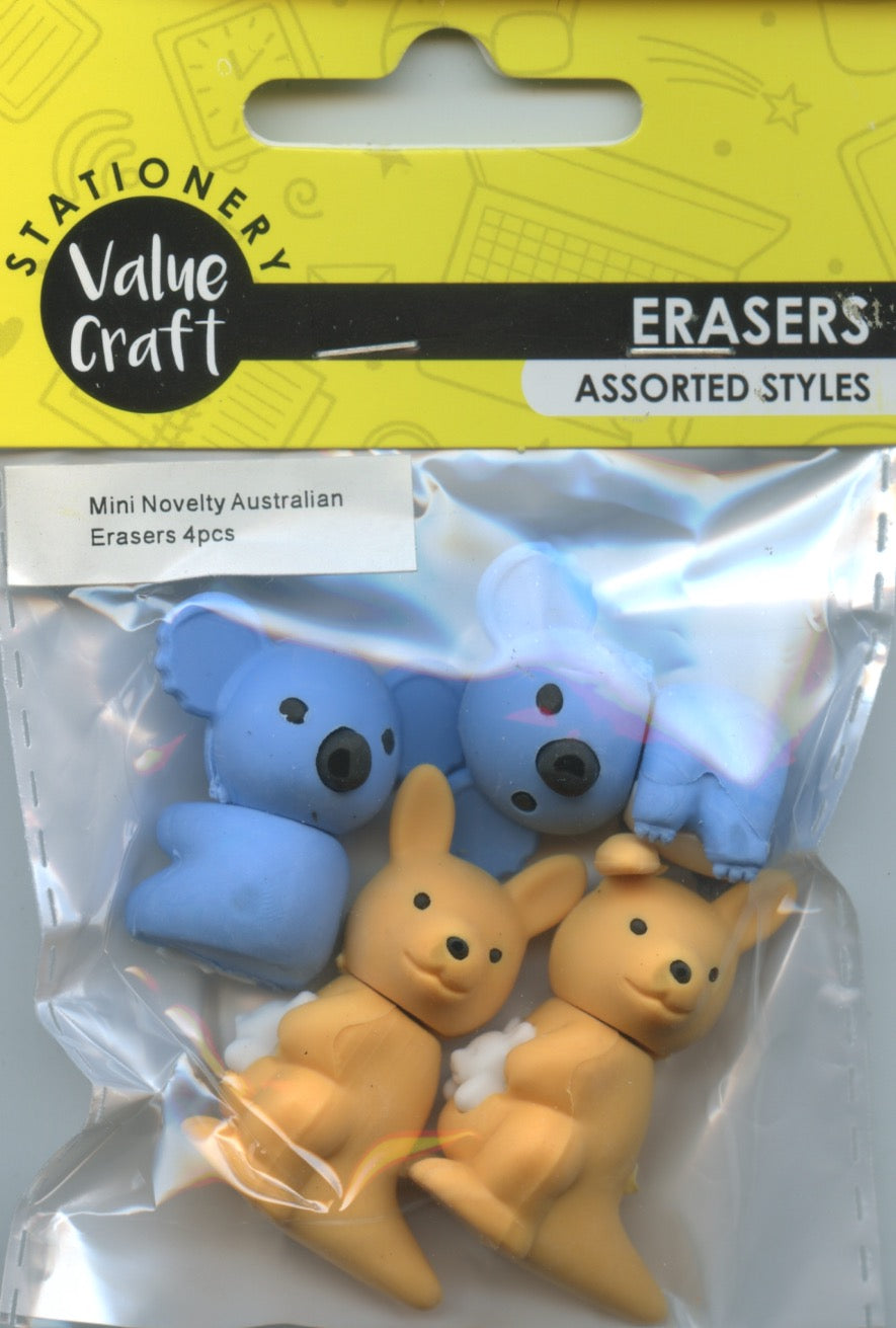 Novelty Erasers Mini Australian - Kangaroo & Koala - 4 pack