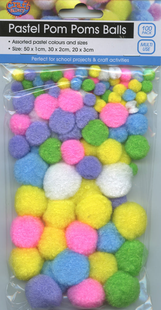 Pastel Pom Pom Balls - Assorted sizes - 100pk