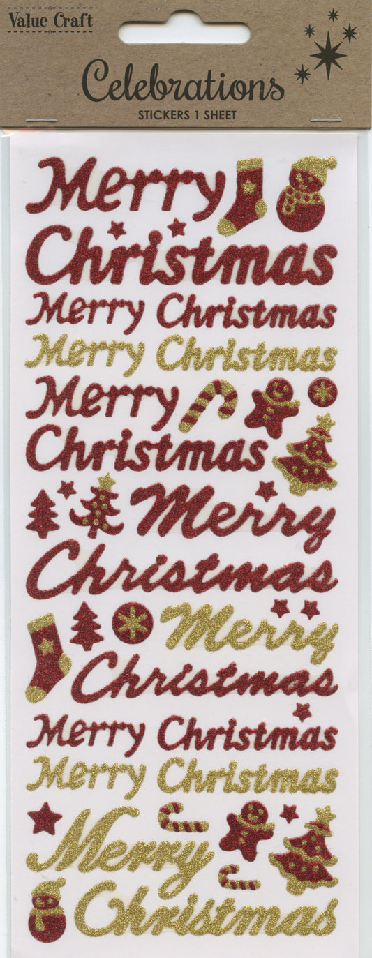 Merry Christmas Red/Gold Glitter stickers - One Sheet - 41 pk