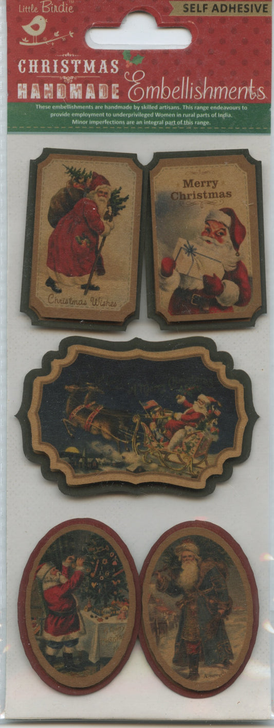 Little Birdie Christmas Embellishments Self Adhesive - Christmas Vintage Topper 3D Santa Stickers 5 pc