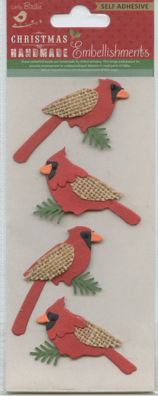 Little Birdie Handmade Christmas Embellishments Self Adhesive Christmas Burlap Robin 4pc
