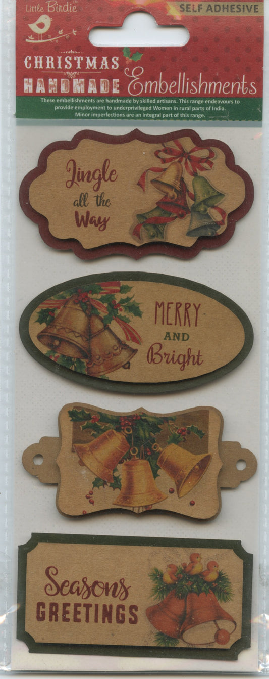 Little Birdie Handmade Christmas Embellishments Self Adhesive Christmas Vintage Topper Jingle Bells 4pc