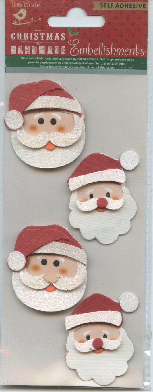 Little Birdie Handmade Christmas Embellishments Self Adhesive Glitter Santa Faces 4pc