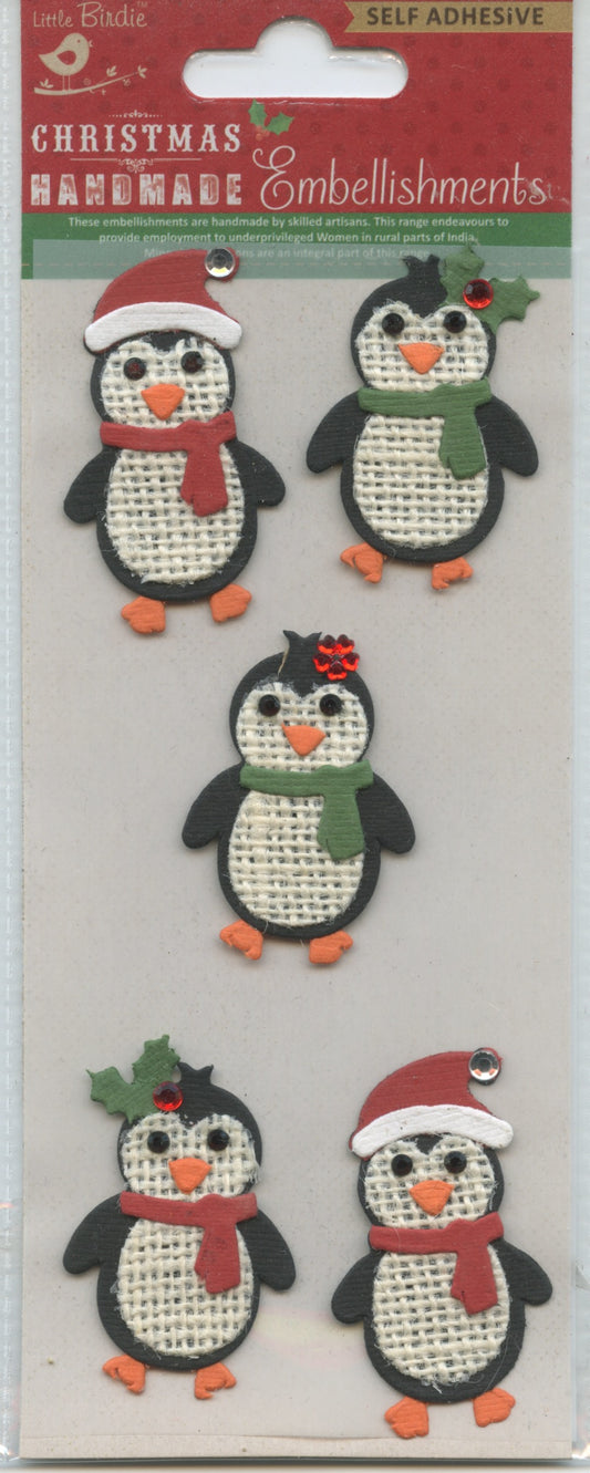 Little Birdie Christmas Handmade Embellishments Self Adhesive Christmas Burlap Penguin 5pc
