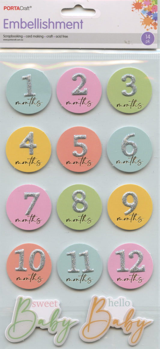 Porta Craft Handmade Embellishments - Baby Months Growth - 14pc