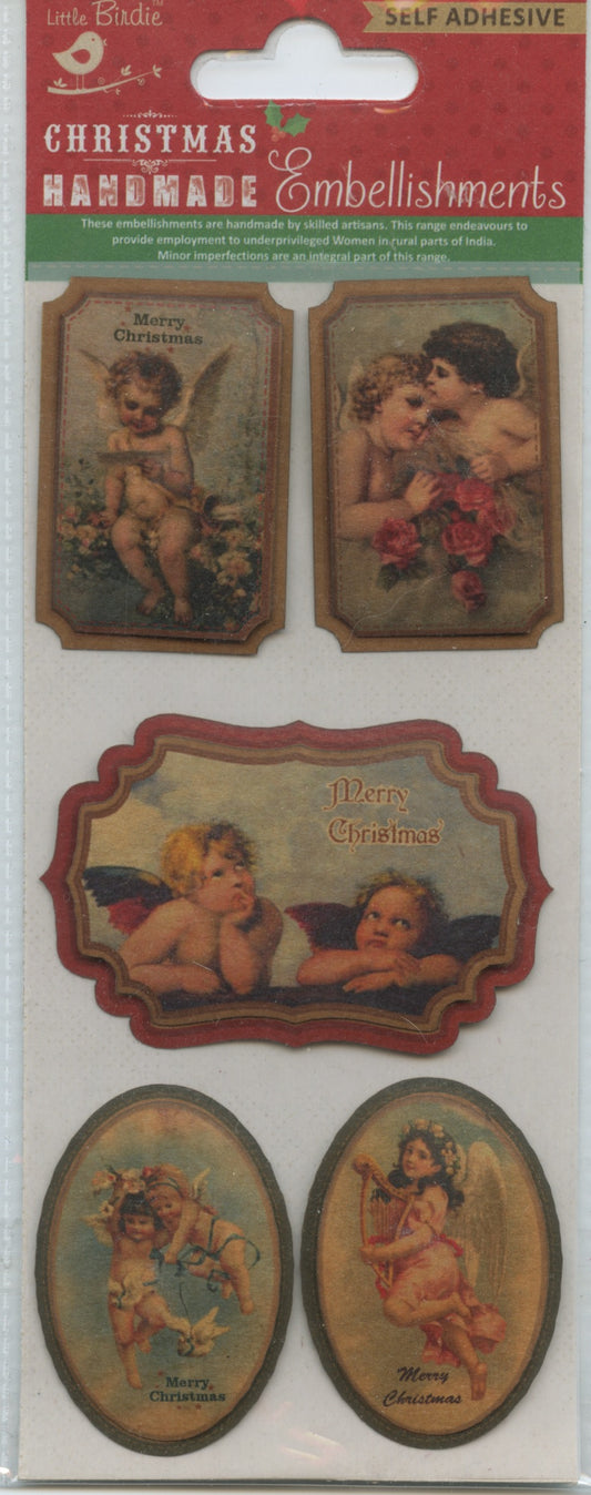Little Birdie Christmas Handmade Embellishments Self Adhesive - Christmas Vintage Topper 3D Cherub Stickers 5 pc