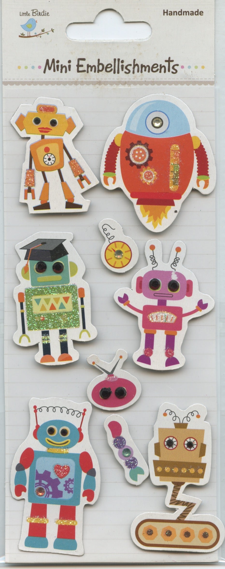 Little Birdie Handmade Mini Embellishments - Robots 9pc
