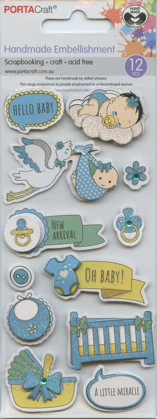 Porta Craft Handmade Embellishments - Hello Baby Boy - 12pc