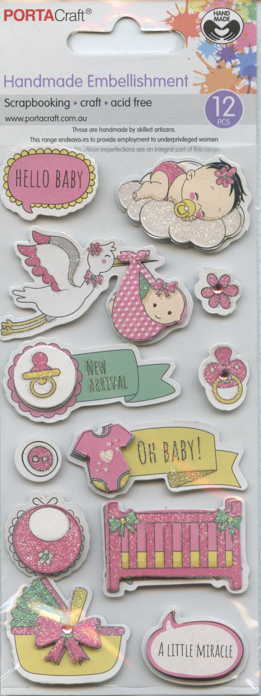 Porta Craft Handmade Embellishments - Hello Baby Girl - 12pc