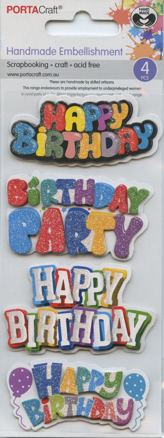 Porta Craft Handmade Embellishments - Happy Birthday with Glitter  - 4pc