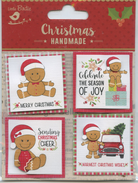 Little Birdie Handmade Christmas Embellishments Self Adhesive 3D Gingerbread Man Toppers 4pc