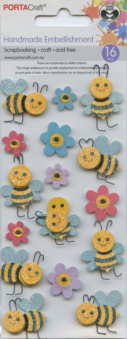 Porta Craft Handmade Embellishments - Bumble Bees & Flowers - 16pc