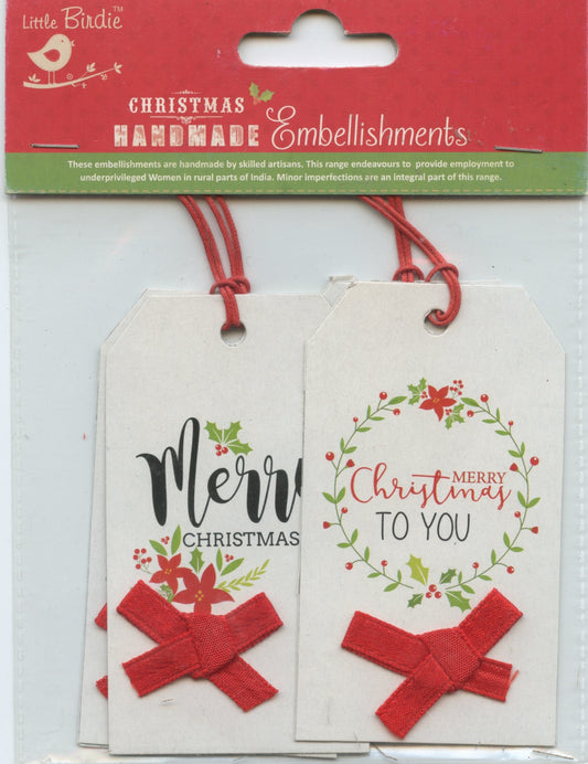 Little Birdie Christmas Handmade Embellishments- Christmas tags 4 pc