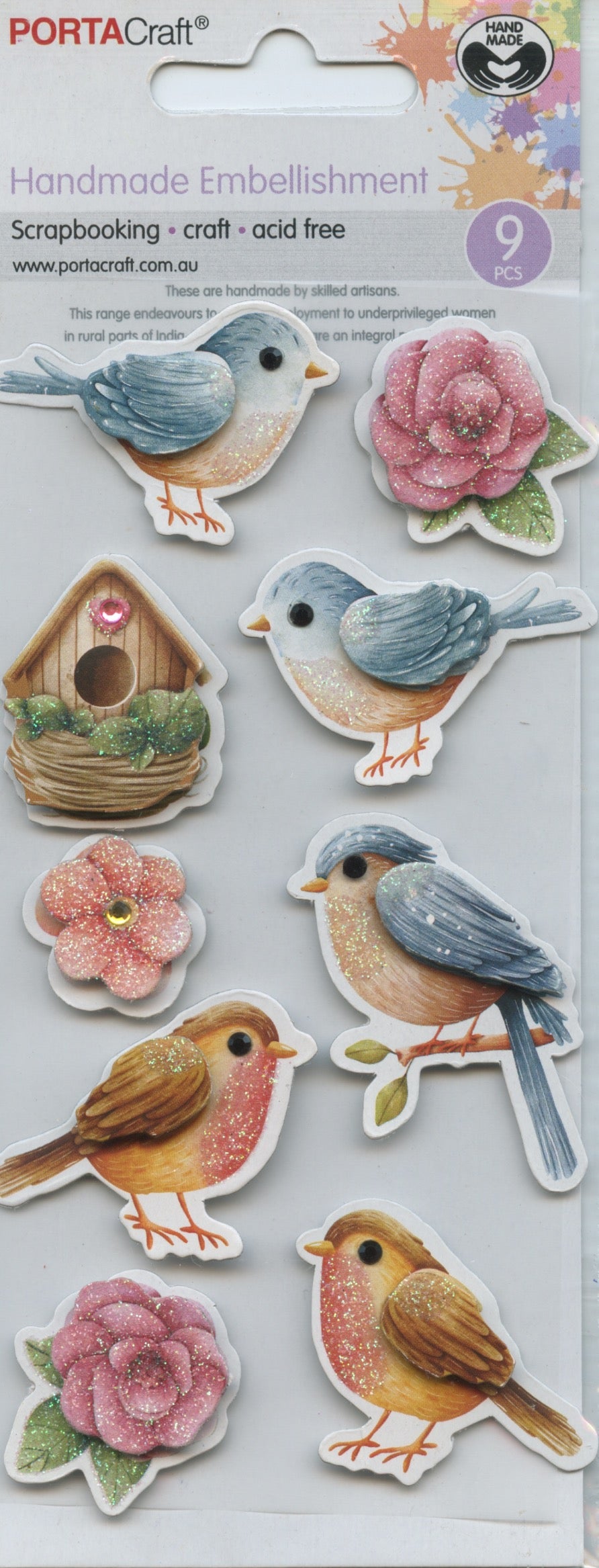 Porta Craft Handmade Embellishments - Glitter Birds & Flowers - 9pc