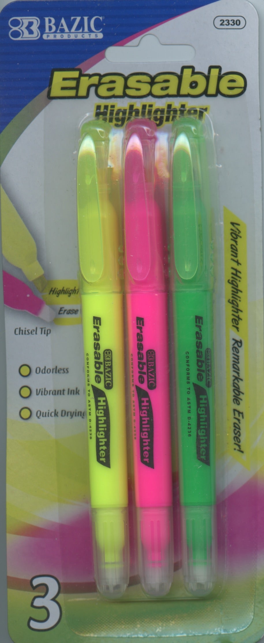 Bazic Erasable Highlighters 3pk