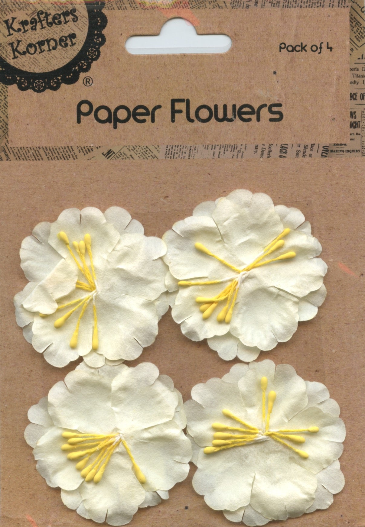 Paper Flowers - Cream with yellow stamens - 4 Pk