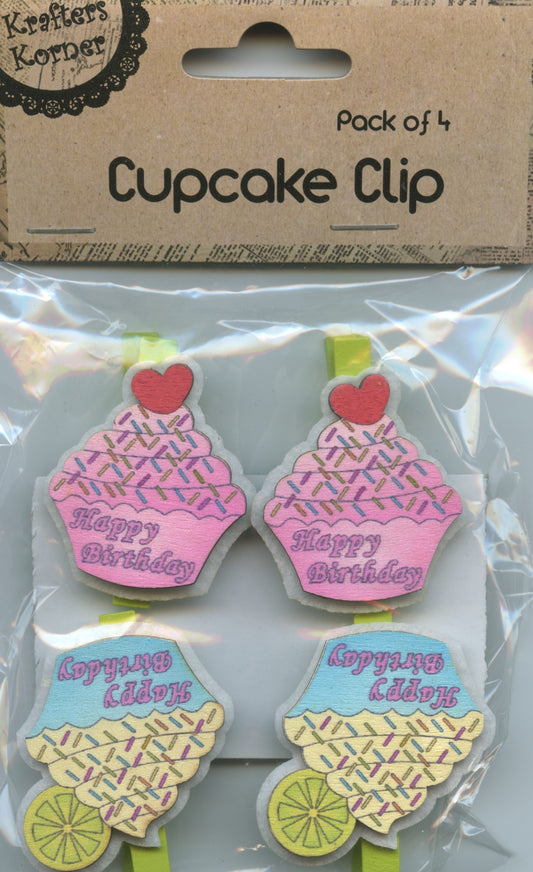 Cupcake Clip 3D with Peg - Happy Birthday - Pack of 4 - Pack #2