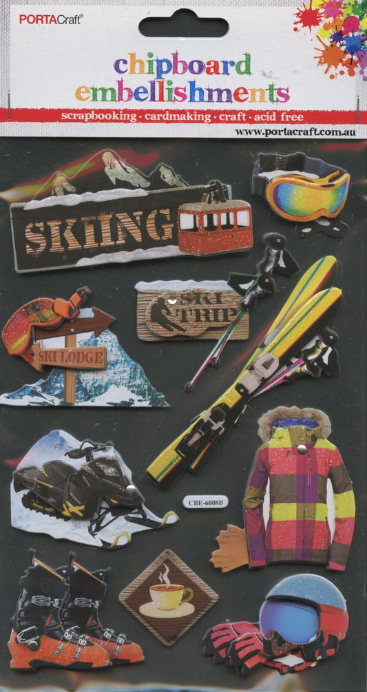 Porta Craft Chipboard Embellishment - Skiing Theme - 10 pc