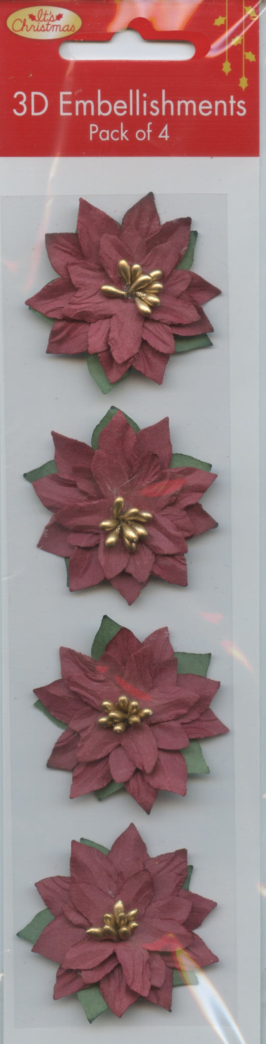 Christmas Poinsettia - 45mm Diameter 3D Stickers - 4 pk