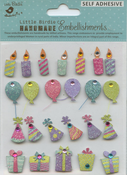 Little Birdie Handmade Embellishments - Adhesive - Party Theme - 24pc