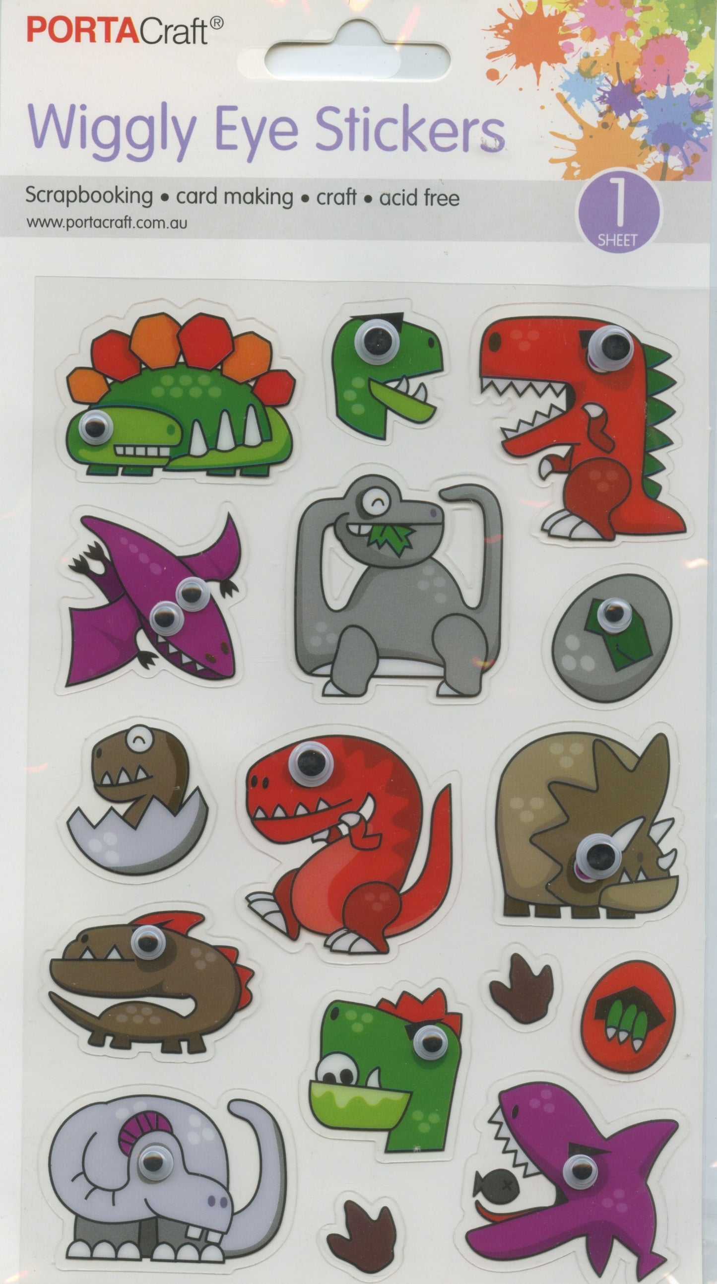 Wiggly Eye Stickers -  Dinosaurs - 16 pcs