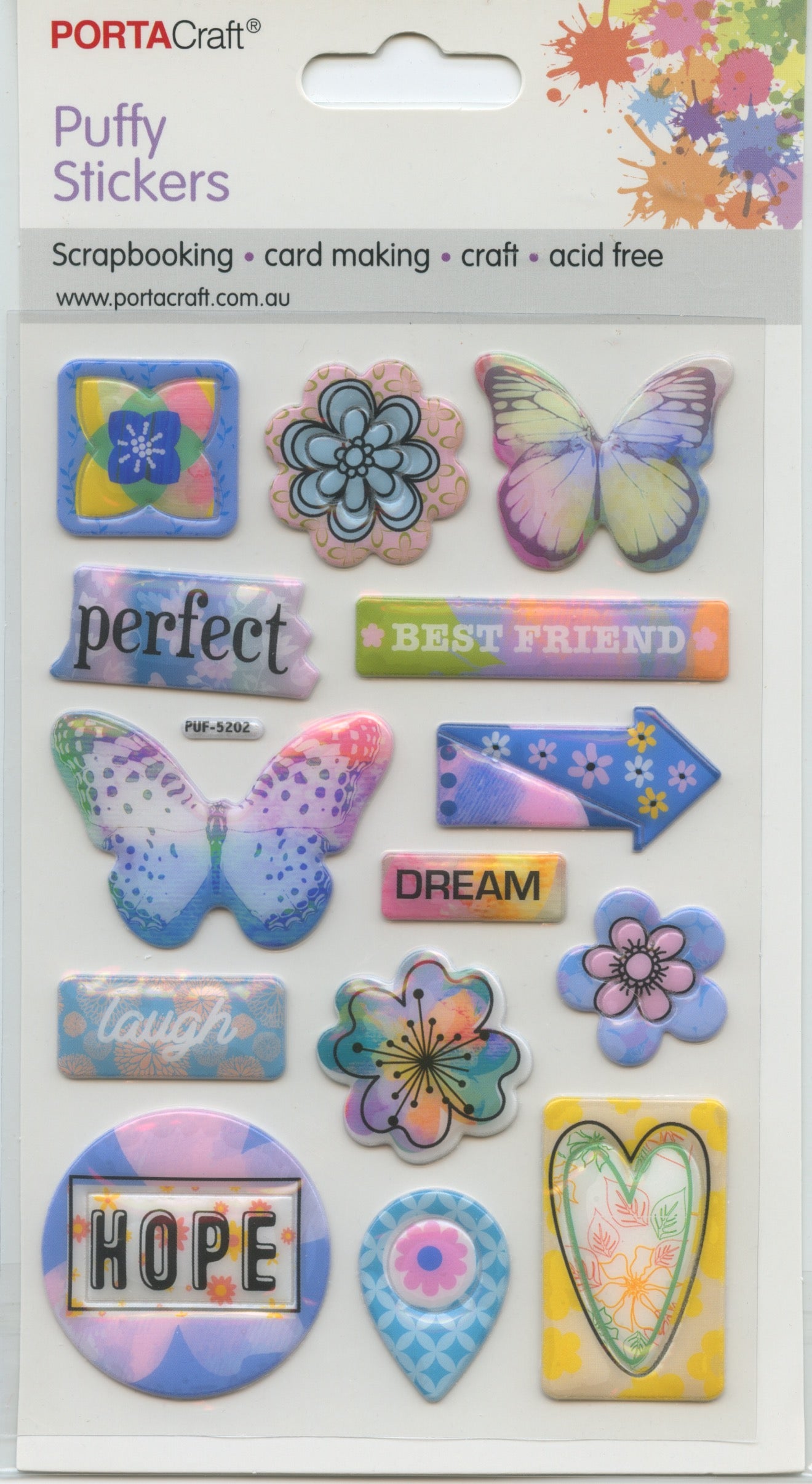 Porta Craft Puffy 3D Stickers Self Adhesive - Hope-Dream-Laugh - 14pc