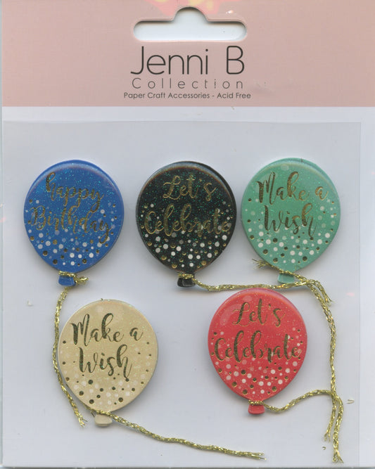 Jenni B Collection 3D Birthday Balloon Self Adhesive Embellishments 5pk